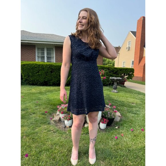 INC Navy Blue Lace Sleeveless Party Dress Size 4 Rhinestones Back Zipper Closure - Picture 13 of 14